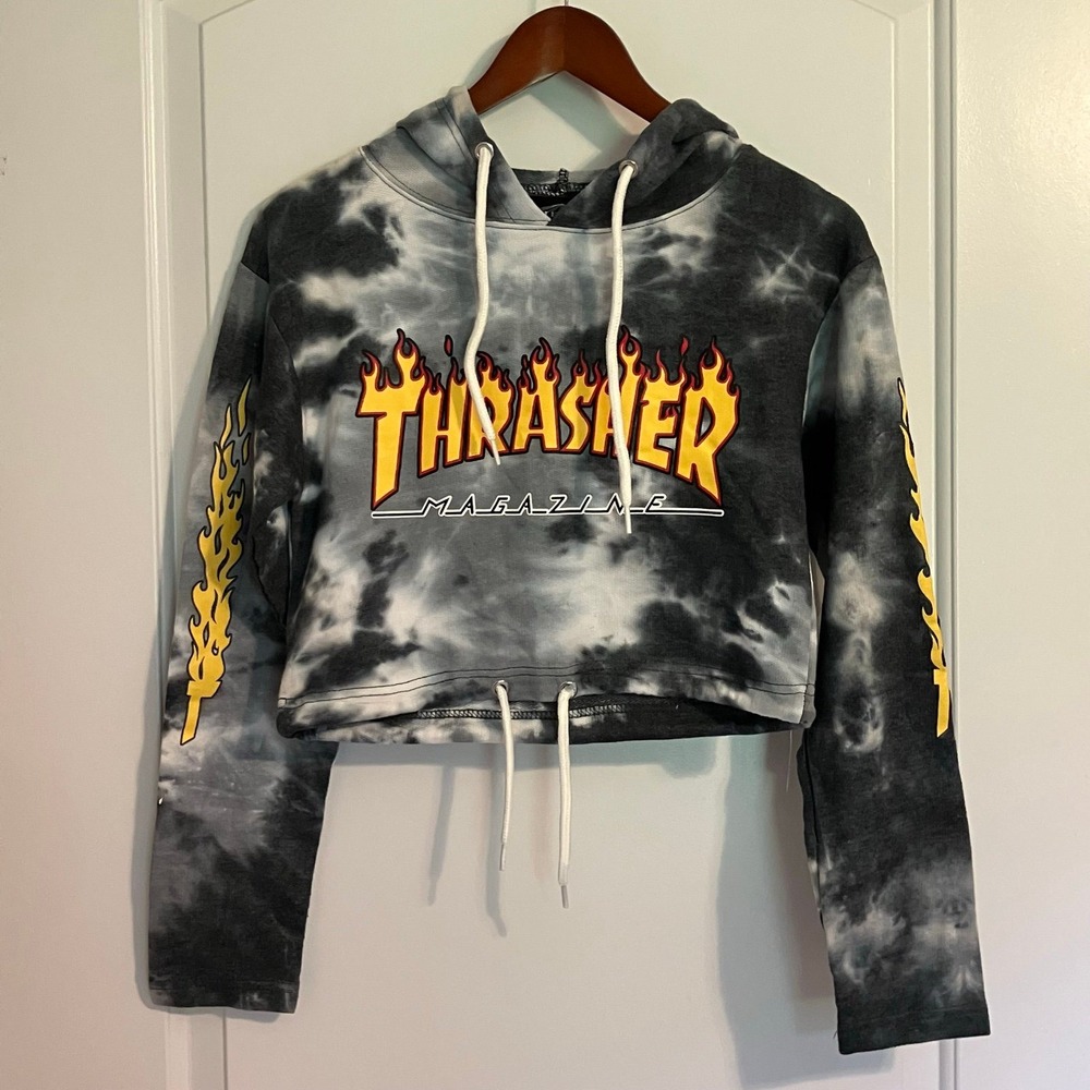 Thrasher Magazine Tie Dye Flame Logo Cropped Hoodie Sz S NWT Grey Sklater